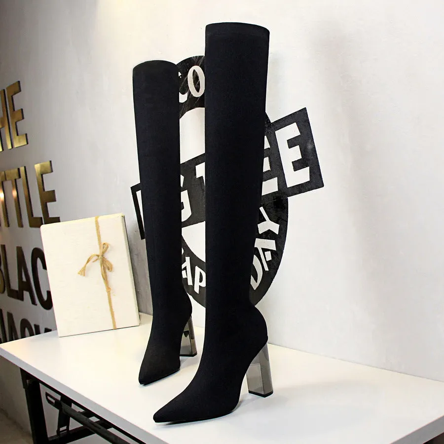 Chunky Metal Heel High Boots