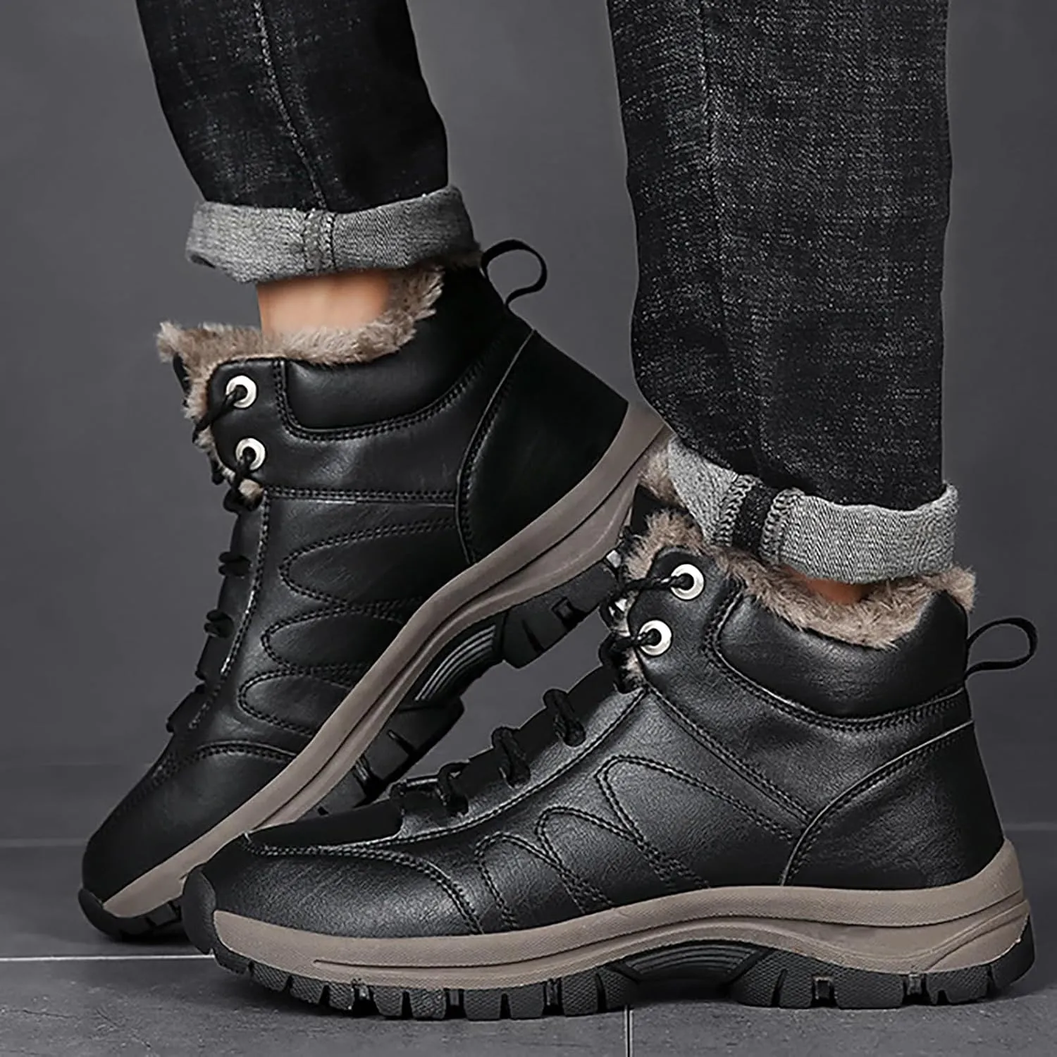 Mens Work Boots Composite Hiking Sneakers Shoes Warm Fur Lined Women Safety Shoes Nonslip Slip On Platform Shoes Lightweight Comfortable Hike Grounded Footwear
