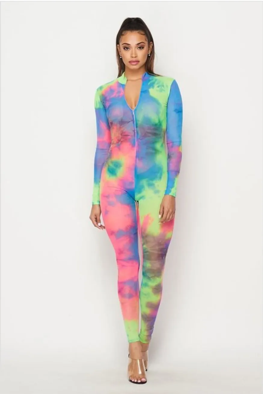 Mesh Rainbow Multi Color Long Sleeve Sheer Mesh Tie Dye Jumpsuit