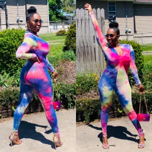 Mesh Rainbow Multi Color Long Sleeve Sheer Mesh Tie Dye Jumpsuit