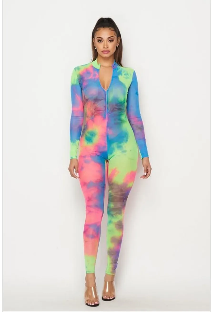 Mesh Rainbow Multi Color Long Sleeve Sheer Mesh Tie Dye Jumpsuit