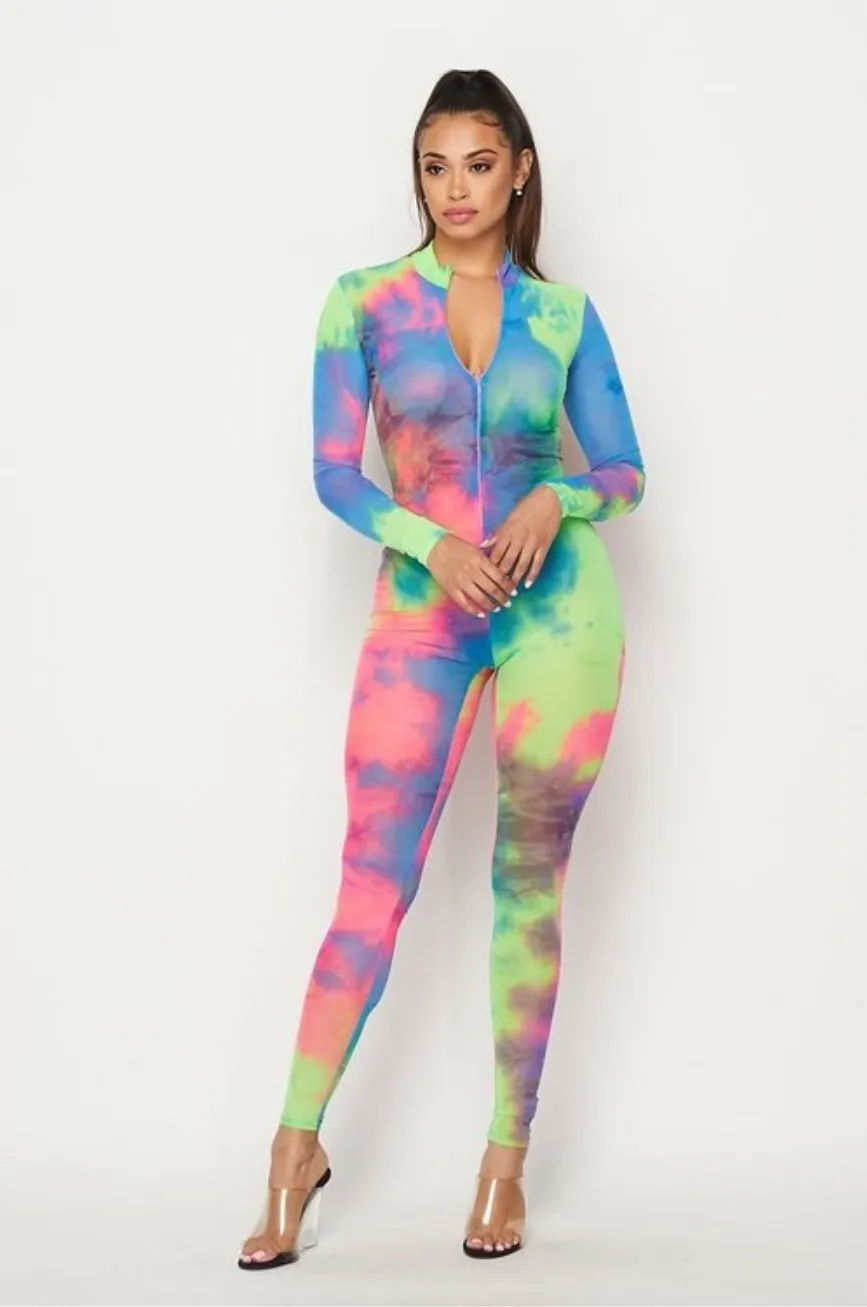 Mesh Rainbow Multi Color Long Sleeve Sheer Mesh Tie Dye Jumpsuit