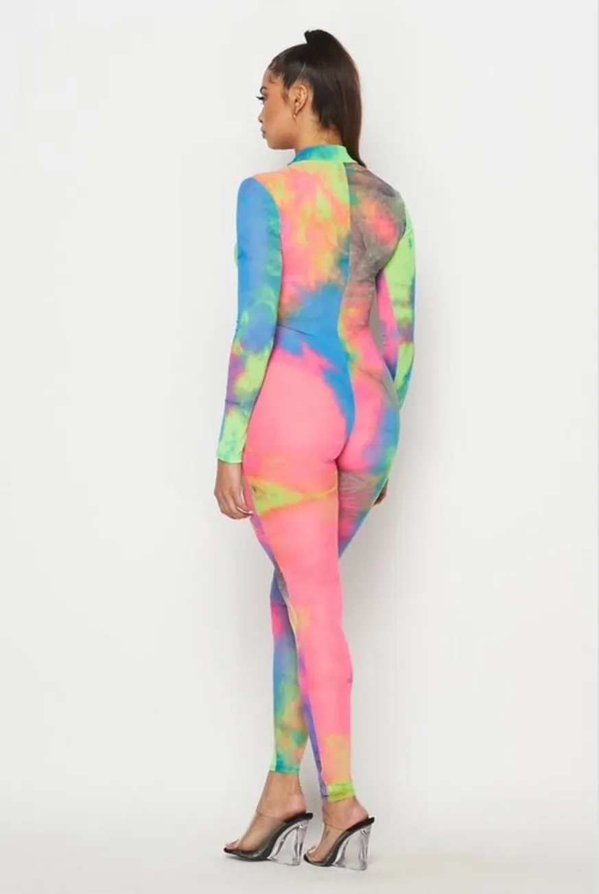 Mesh Rainbow Multi Color Long Sleeve Sheer Mesh Tie Dye Jumpsuit