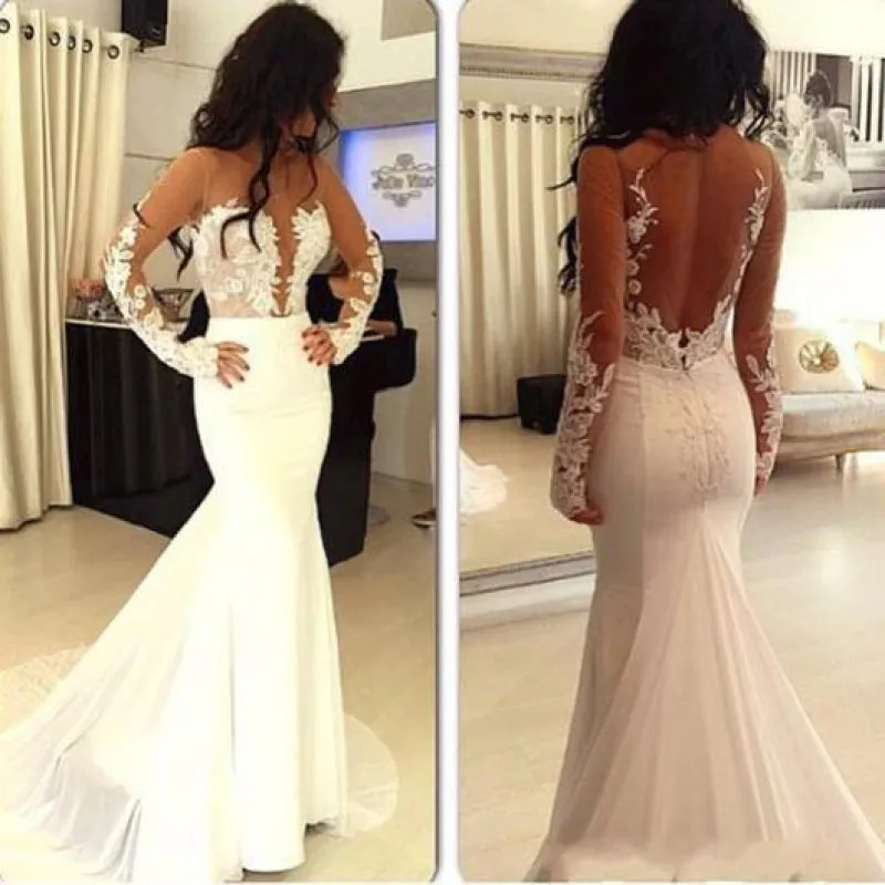 Sexy Mermaid Open Back Long Sleeve Wedding Dress