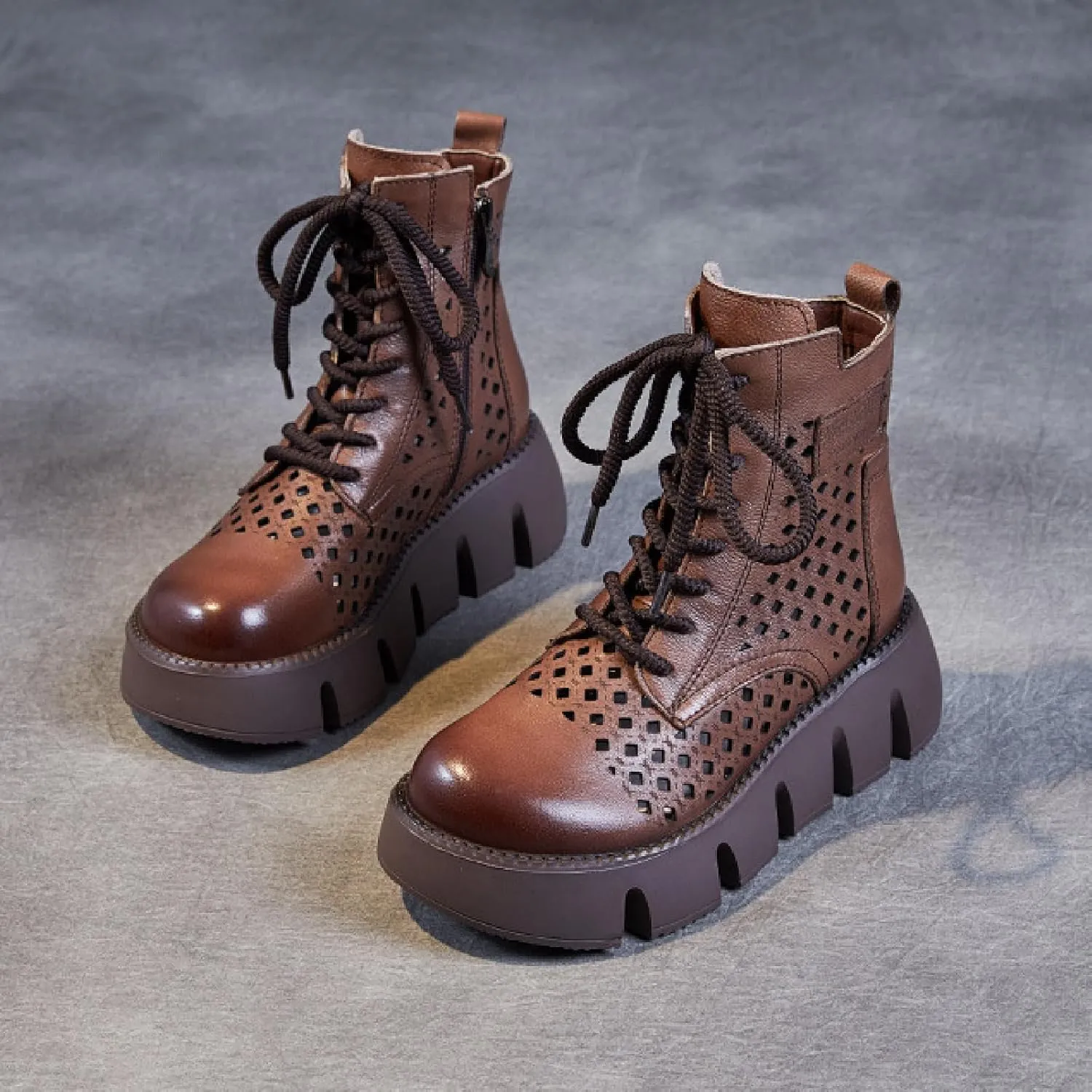 Women's Genuine Leather Chunky Platform Boots Sandals With Side Zipper Fashion Breathable Hollow Out Lace Up Gladiator Sandals Anti-slip Lug Sole Summer Casual Roman Walking Sandals