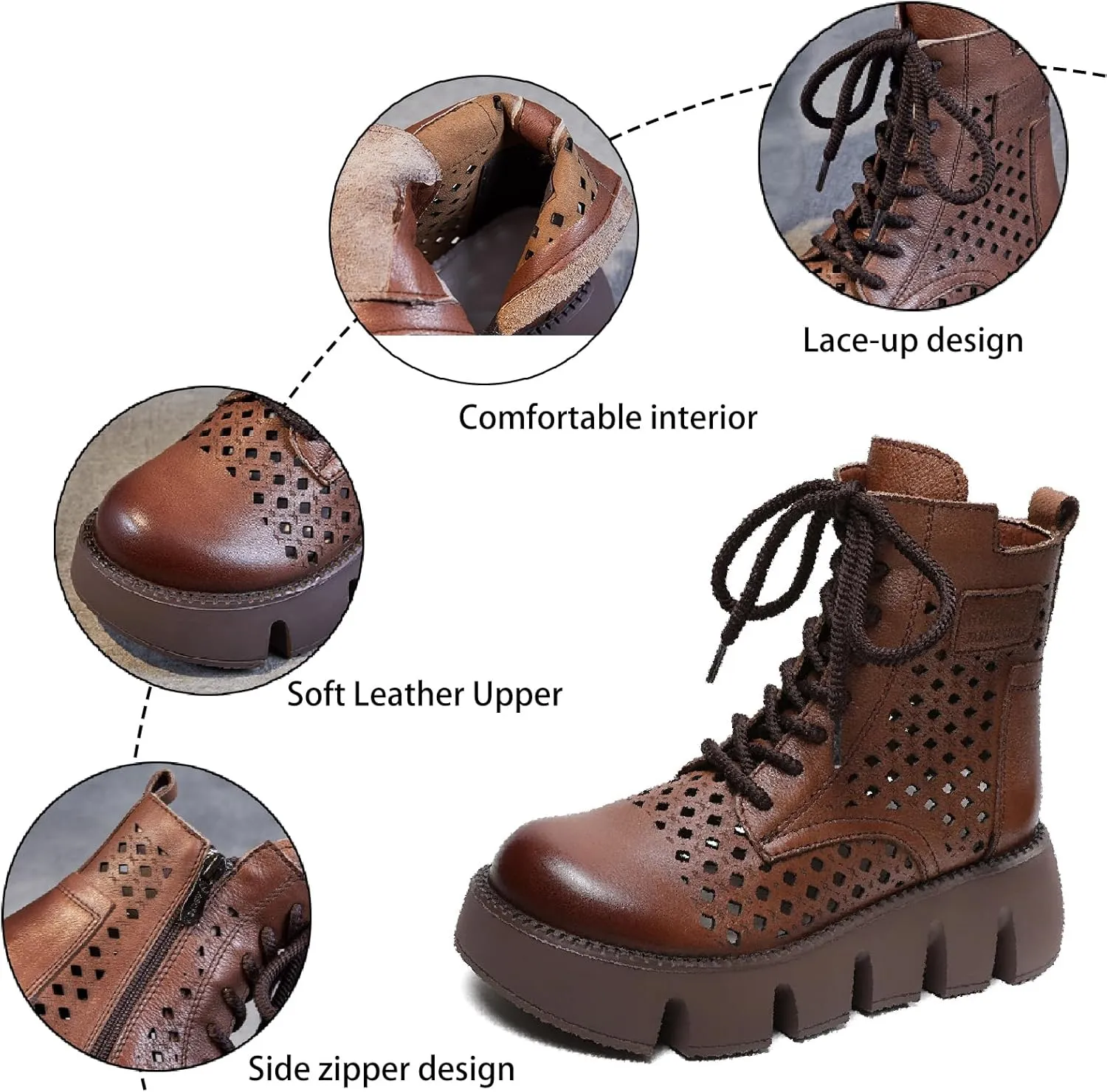 Women's Genuine Leather Chunky Platform Boots Sandals With Side Zipper Fashion Breathable Hollow Out Lace Up Gladiator Sandals Anti-slip Lug Sole Summer Casual Roman Walking Sandals
