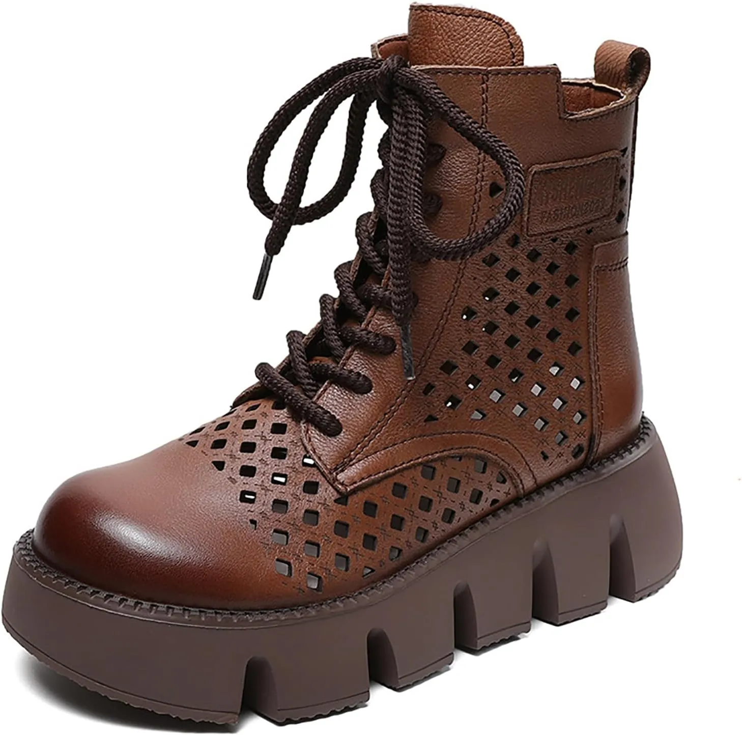 Women's Genuine Leather Chunky Platform Boots Sandals With Side Zipper Fashion Breathable Hollow Out Lace Up Gladiator Sandals Anti-slip Lug Sole Summer Casual Roman Walking Sandals