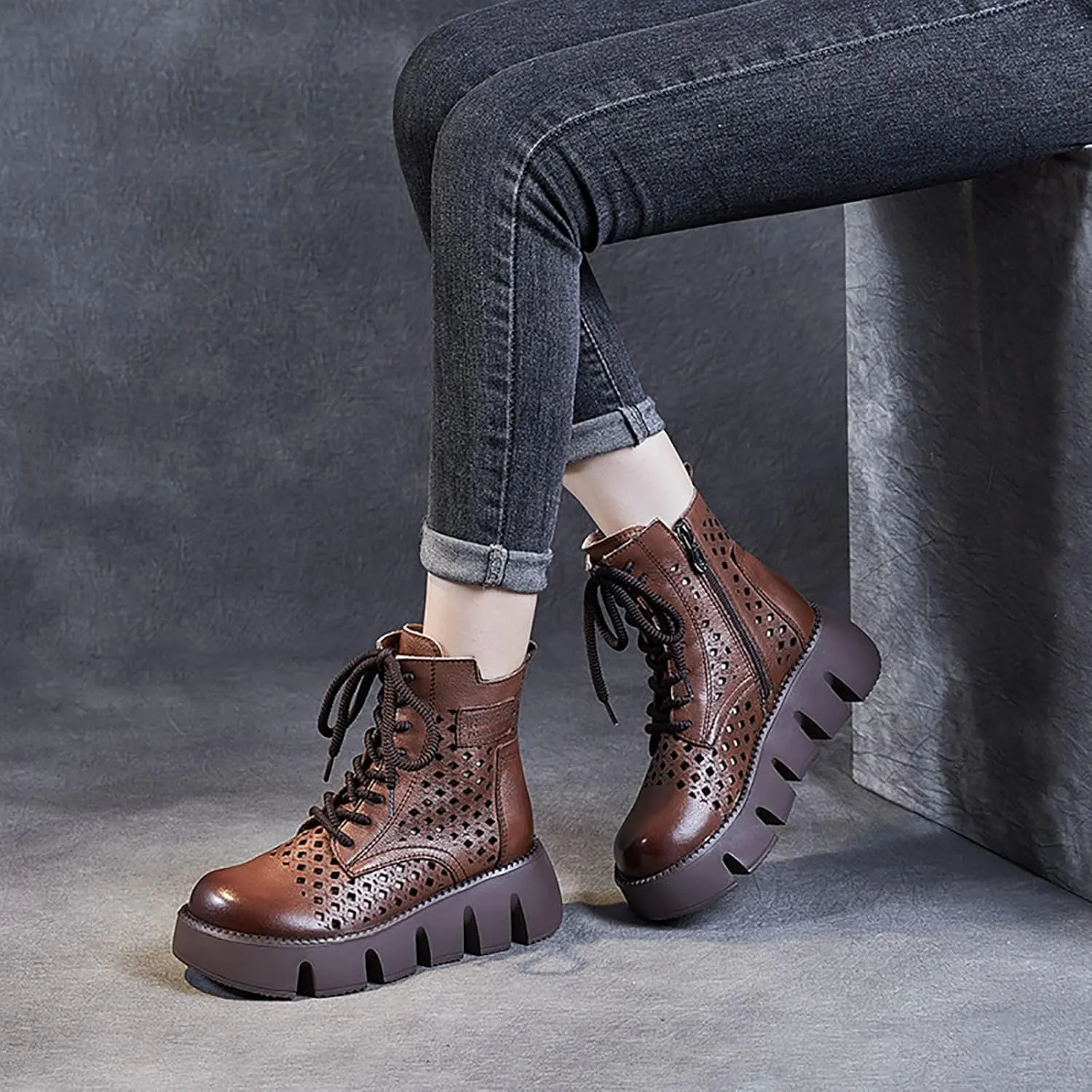 Women's Genuine Leather Chunky Platform Boots Sandals With Side Zipper Fashion Breathable Hollow Out Lace Up Gladiator Sandals Anti-slip Lug Sole Summer Casual Roman Walking Sandals