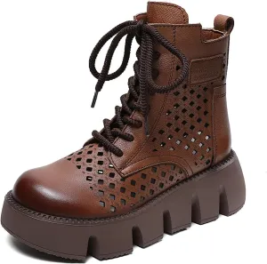 Women's Genuine Leather Chunky Platform Boots Sandals With Side Zipper Fashion Breathable Hollow Out Lace Up Gladiator Sandals Anti-slip Lug Sole Summer Casual Roman Walking Sandals
