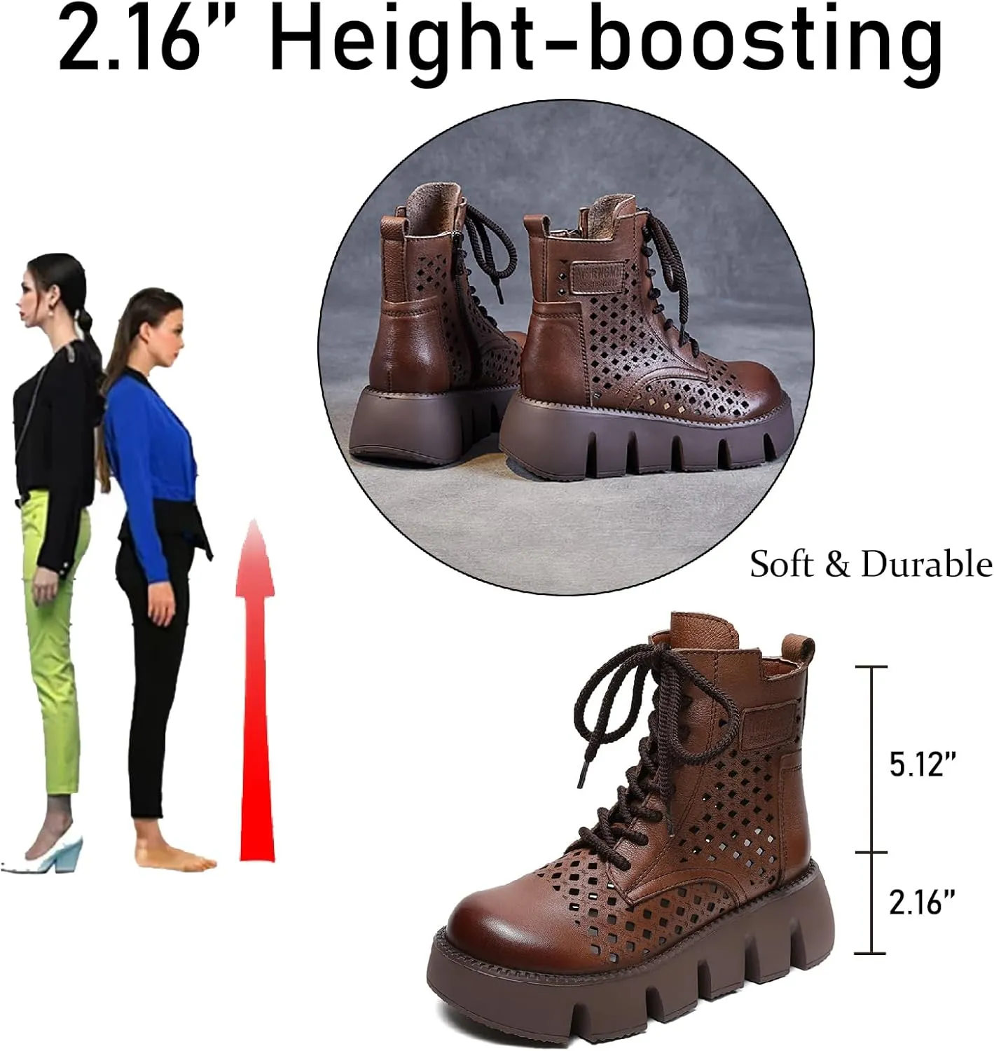 Women's Genuine Leather Chunky Platform Boots Sandals With Side Zipper Fashion Breathable Hollow Out Lace Up Gladiator Sandals Anti-slip Lug Sole Summer Casual Roman Walking Sandals
